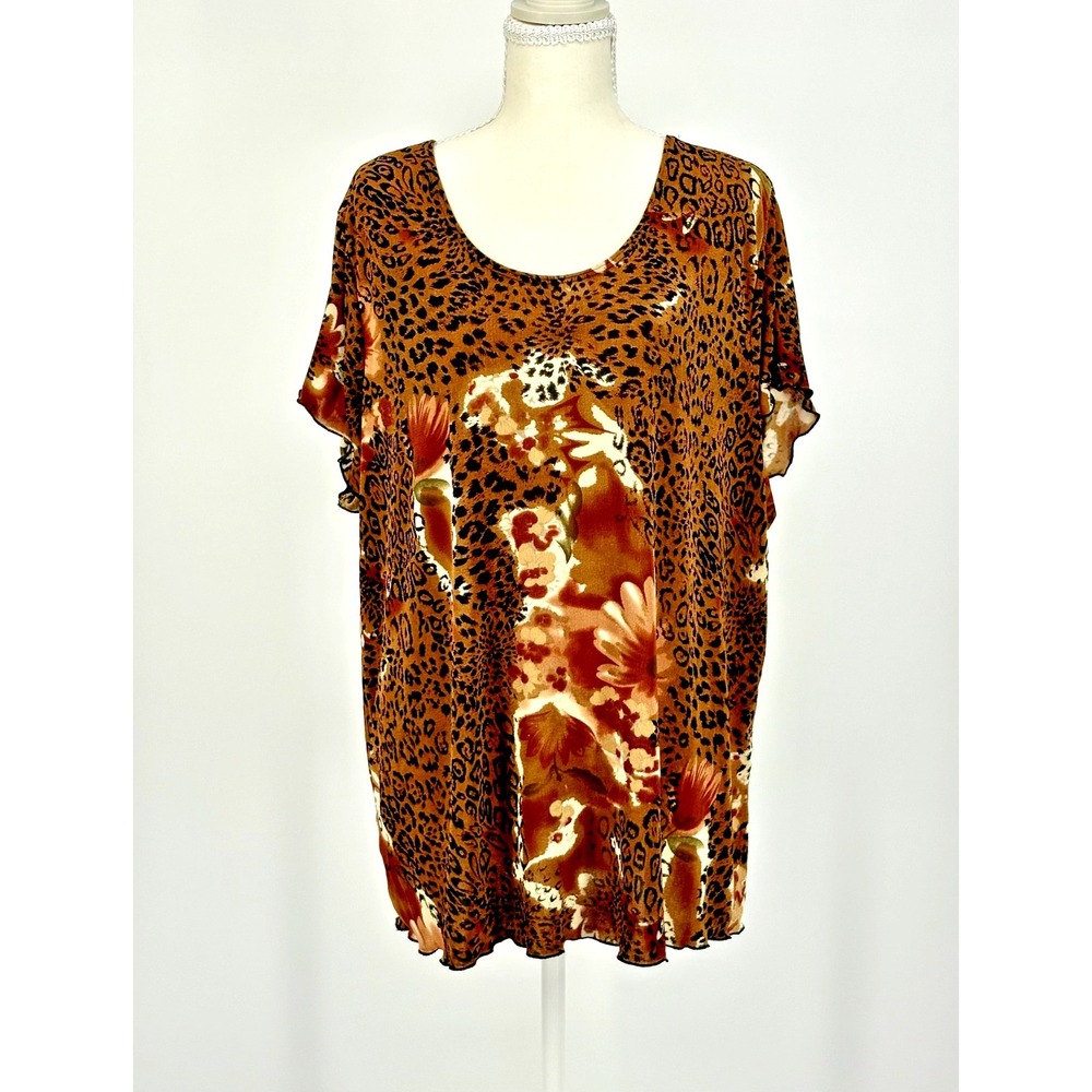 Y2K Vintage Leopard Print Sz 3X Lettuce Ruffle Trim Shirt Susan Lawrence